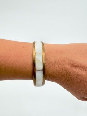 Vintage Brass & Mother of Pearl Inlay Bangle Bracelet